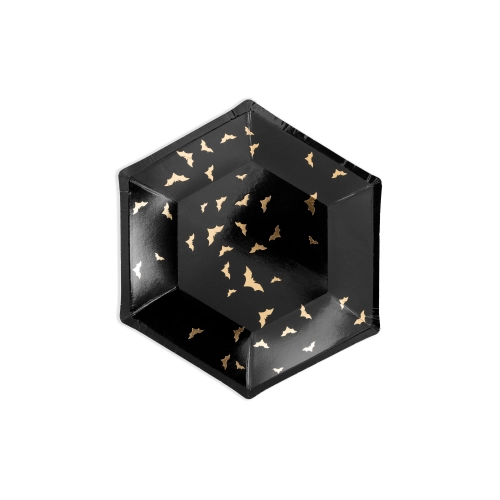 Farfurii negre din hârtie cu lilieci 20 cm, model auriu, 6 buc.