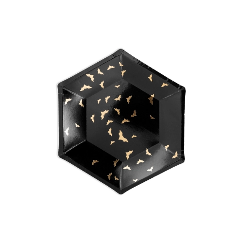 Farfurii negre din hârtie cu lilieci 20 cm, model auriu, 6 buc.