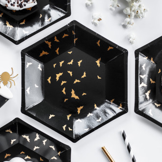 Črni papirnati krožniki z netopirji 20 cm, zlat motiv, 6 kosov