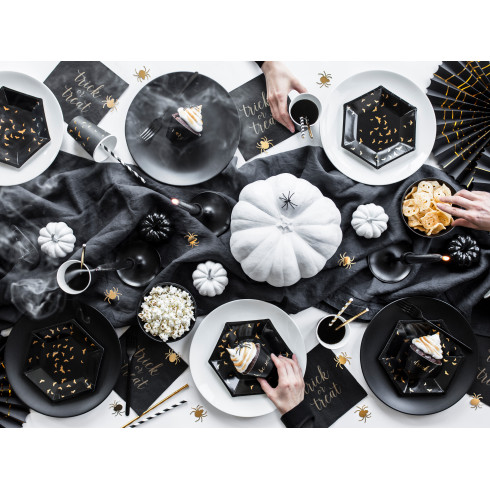 Črni papirnati krožniki z netopirji 20 cm, zlat motiv, 6 kosov