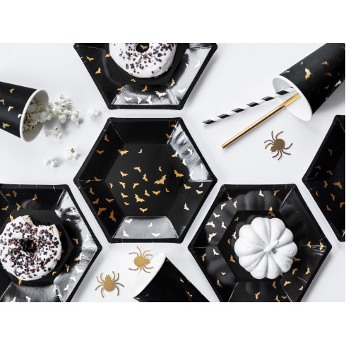 Črni papirnati krožniki z netopirji 20 cm, zlat motiv, 6 kosov