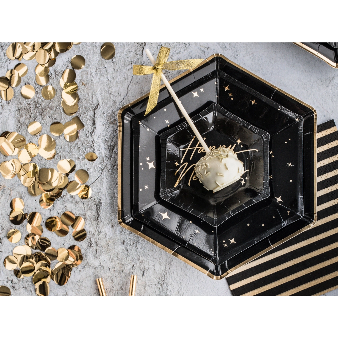 Farfurii din hârtie negre cu margine aurie Let's Celebrate, 23 cm, 6 buc.