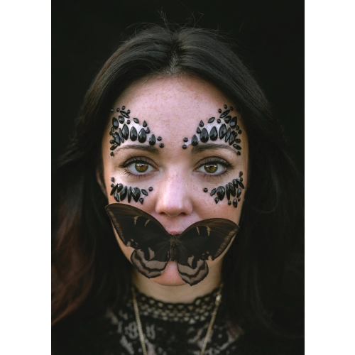 Fekete öntapadós arckristályok, 15x9 cm – egyszer használatos dísz