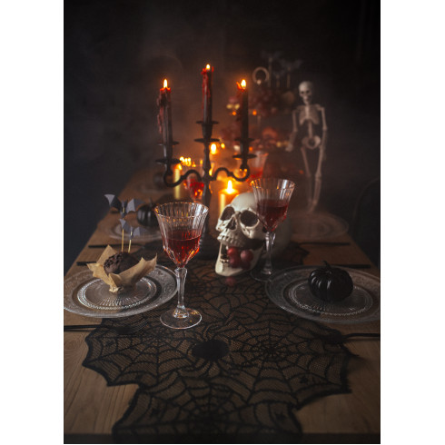 Črn namizni tekač z motivom pajčevine 185 × 45 cm – poliester