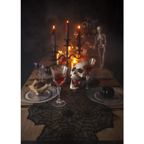 Traversă de masă neagră cu motiv de pânză de păianjen 185x45 cm – poliester