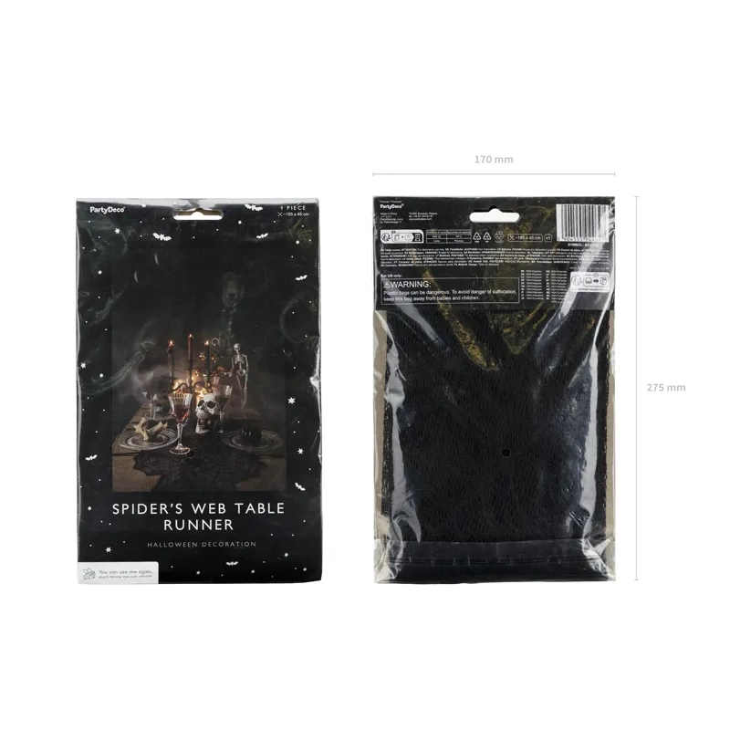 Fekete asztali futó pókháló mintával 185x45 cm – poliészter