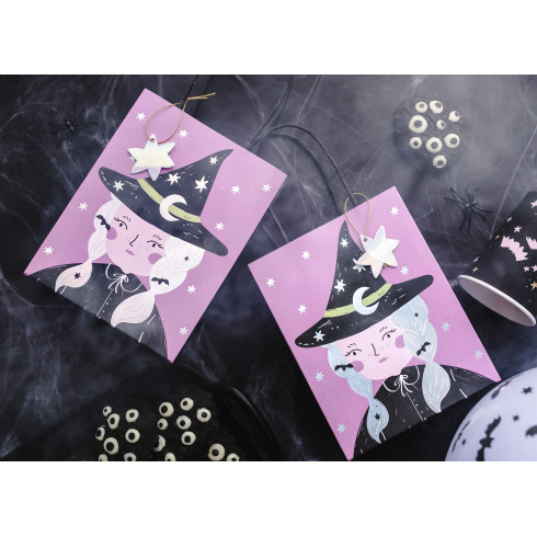 Darilna vrečka Čarovnica vijolična, zvezdica, 8×14×18 cm
