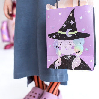 Darilna vrečka Čarovnica vijolična, zvezdica, 8×14×18 cm