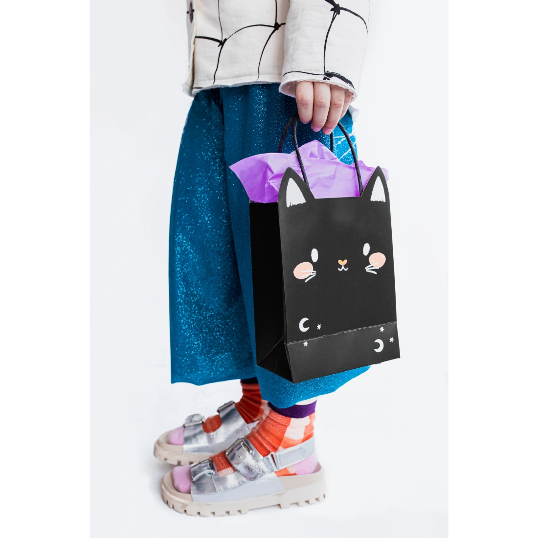 Ajándéktáska fekete macskával és holdacskával, 8×14×18 cm