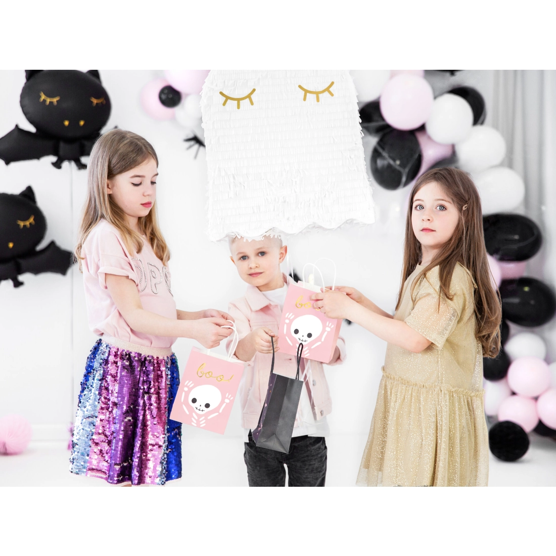 Rózsaszín ajándéktáska Boo csontvázas mintával, 14x18x8 cm