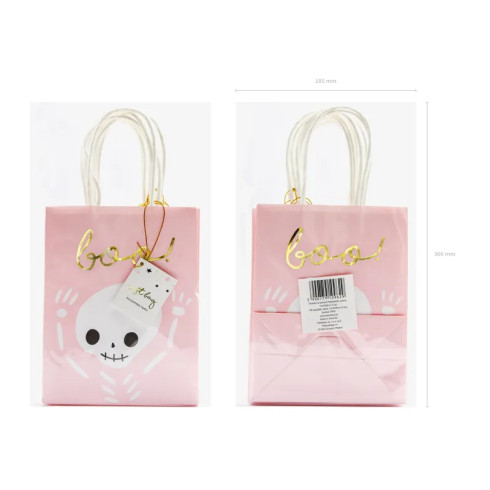 Darilna vrečka rožnata z motivom okostnjaka Boo 14x18x8 cm