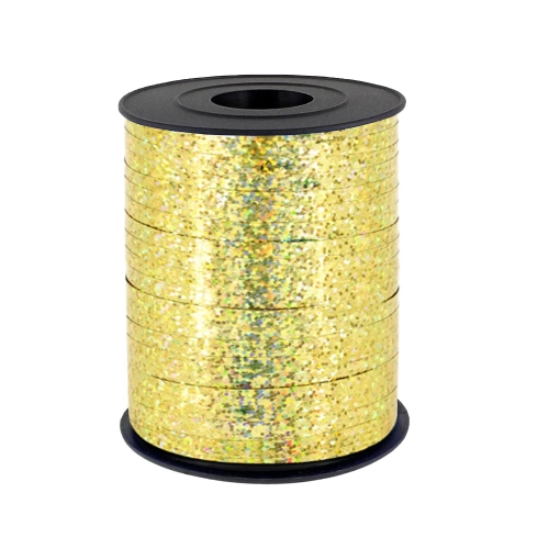 Panglică decorativă holografică din plastic, aurie, pentru baloane, 225 m