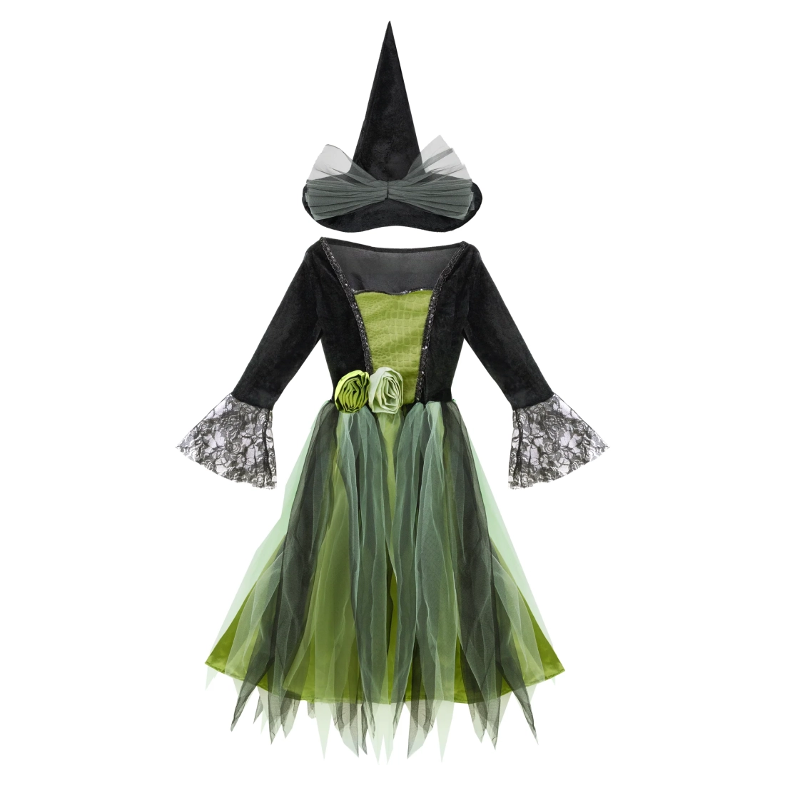 Costume da strega per bambini verde e nero taglia S