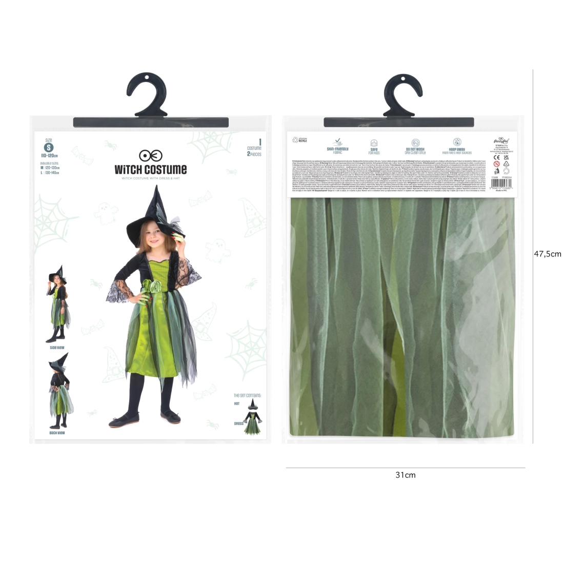 Costume da strega per bambini verde e nero taglia S