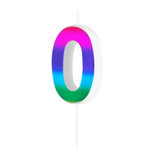 Szivárványos, fényes tortagyertya szám 0 születésnapi tortára