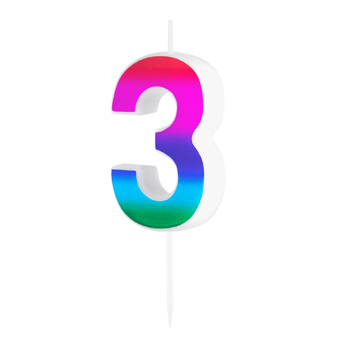 Szivárványos, fényes tortagyertya 3-as szám születésnapi tortára