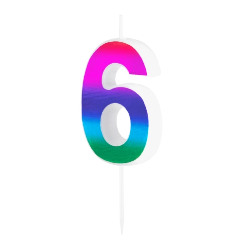 Lumânare tort cifră 6, curcubeu lucios, pentru tort de aniversare