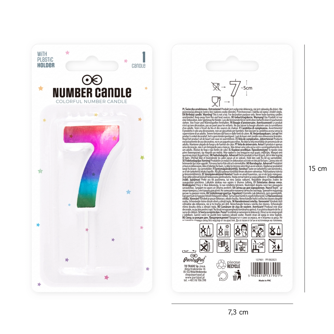 Lumânare tort lucioasă curcubeu, cifra 7, pentru tort de aniversare