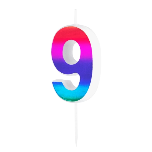 Szivárványos, fényes tortagyertya 9-es születésnapi tortára