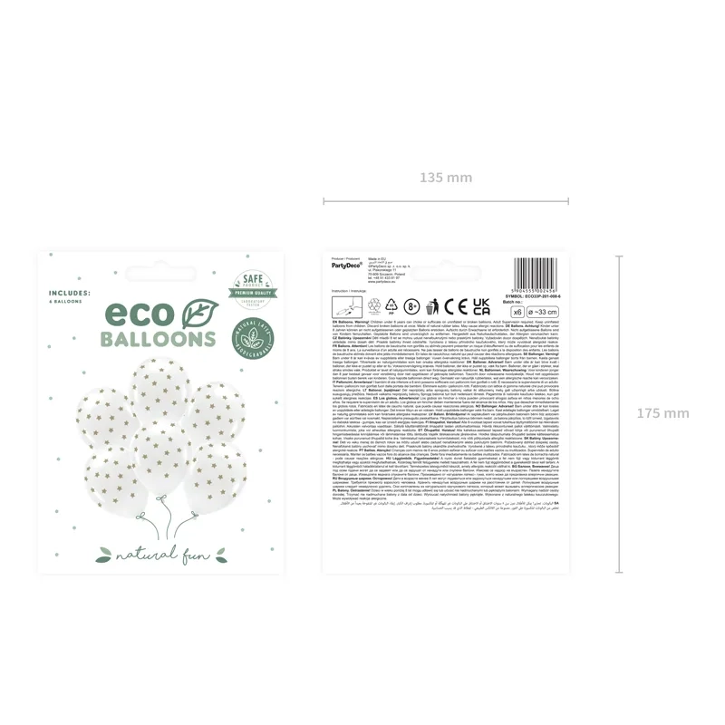 Öko lufik fehérek arany csillagokkal 33 cm, 6 db