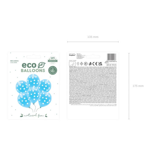 Eko pastelni modri baloni z belimi pikami 33 cm – 6 kosov