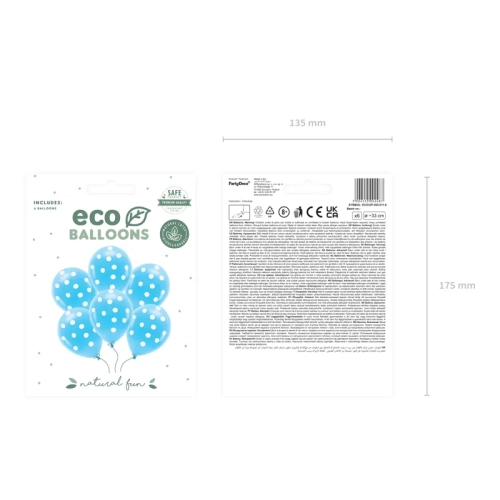 Baloane eco pastel albastre cu buline albe 33 cm – 6 buc.