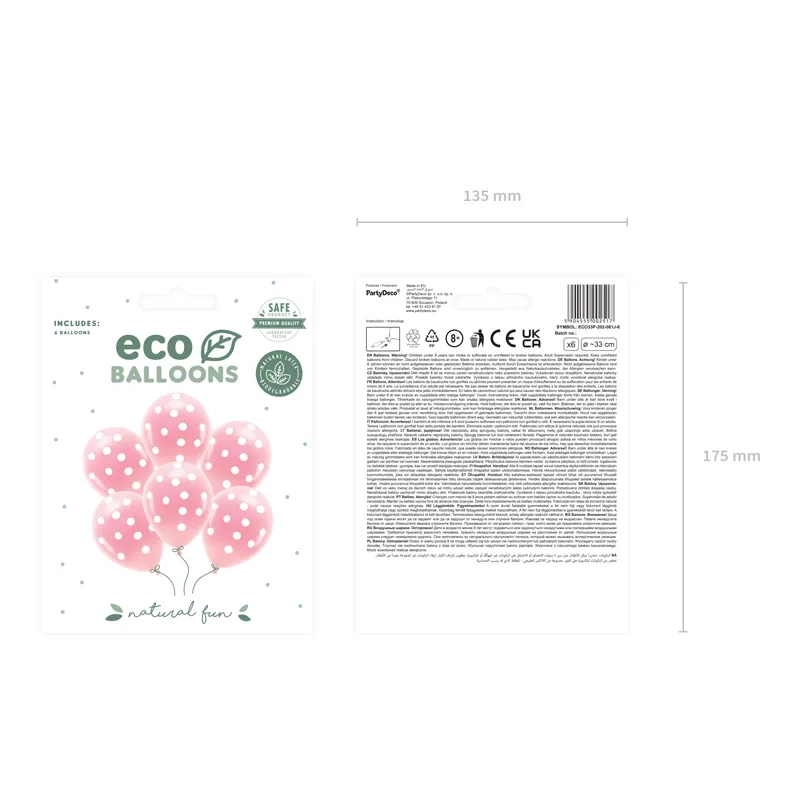 Baloane eco pastel roz cu buline albe 33 cm – 6 buc.