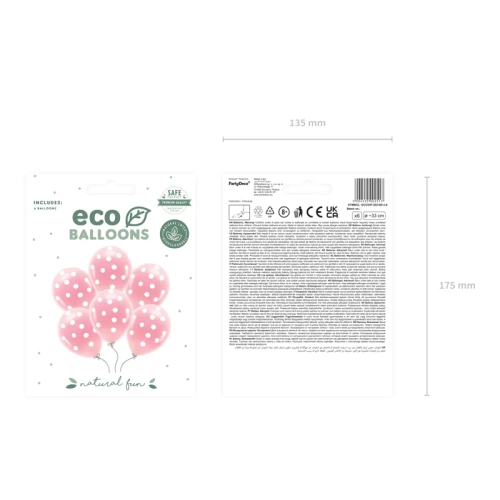 Baloane eco pastel roz cu buline albe 33 cm – 6 buc.