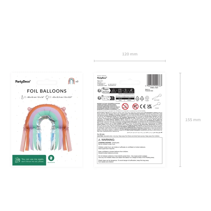 Baloane folie curcubeu cu ciucuri, pastel, 38x41 cm, 3 buc.