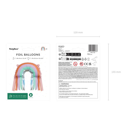 Mavrični folijski baloni s cofki, pastelni, 38x41 cm, 3 kos