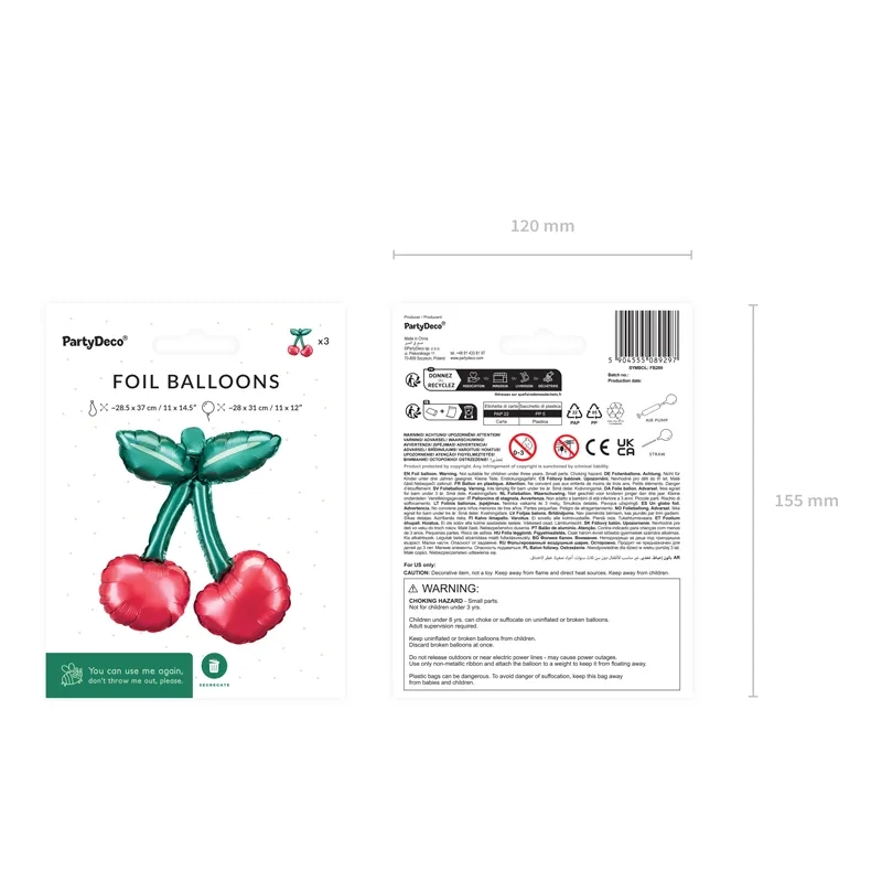 Baloane din folie cu cireșe pentru ghirlandă, roșii, 28x31 cm, 3 buc.