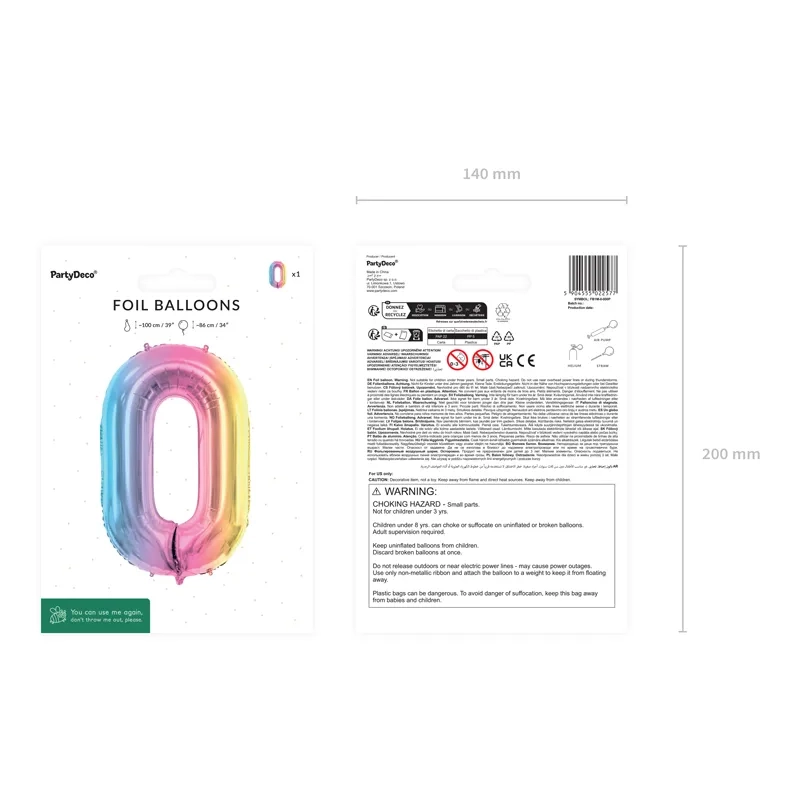 Folija balon številka 0 pastel mavrica 86 cm