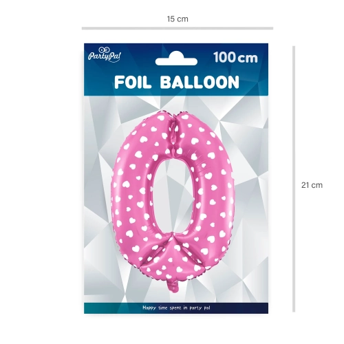 Folijski balon številka 0, rožnati s srčki, 100 cm