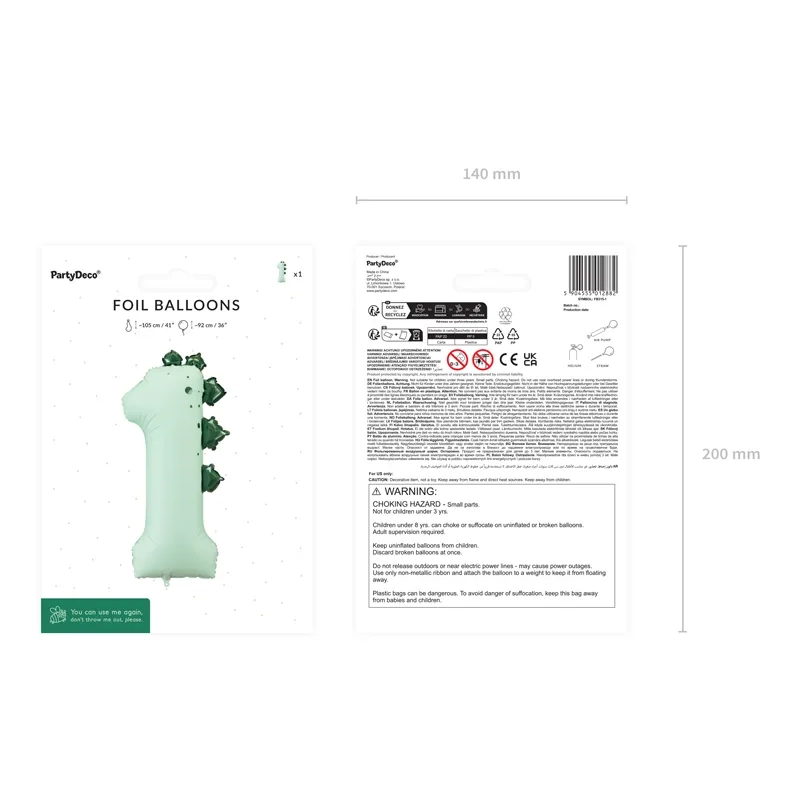 Balon folie cifră 1 dinozaur mentă 92 cm