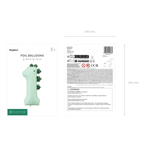 Dínós fólia lufi szám 1, menta színű, 92 cm Dínós fólia lufi szám 1, menta színű, 92 cm