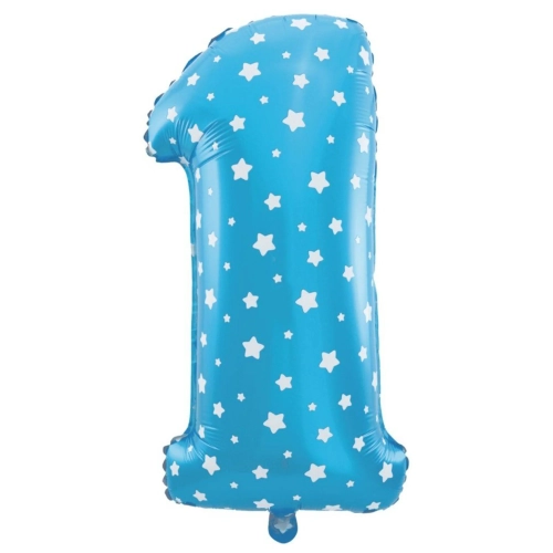 Folijski balon številka 1 z modrimi zvezdicami za rojstni dan