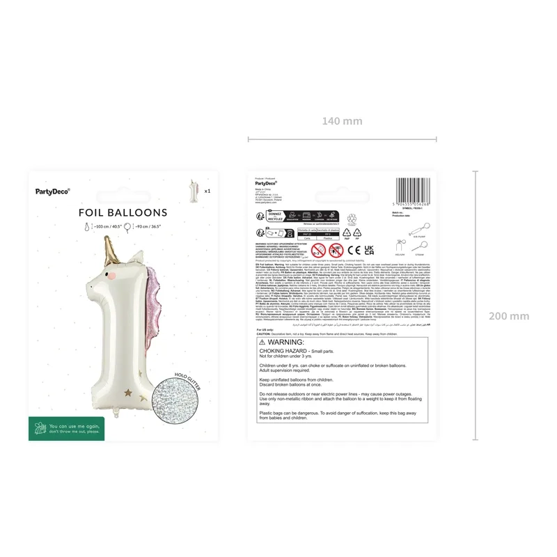 Fóliový balón číslo 1 Jednorožec 93 cm, krémový holografický