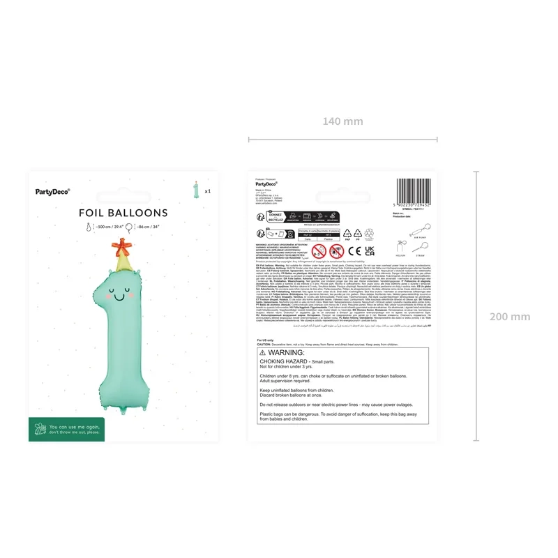 Fólia lufi 1-es szám menta matt születésnapra 86 cm