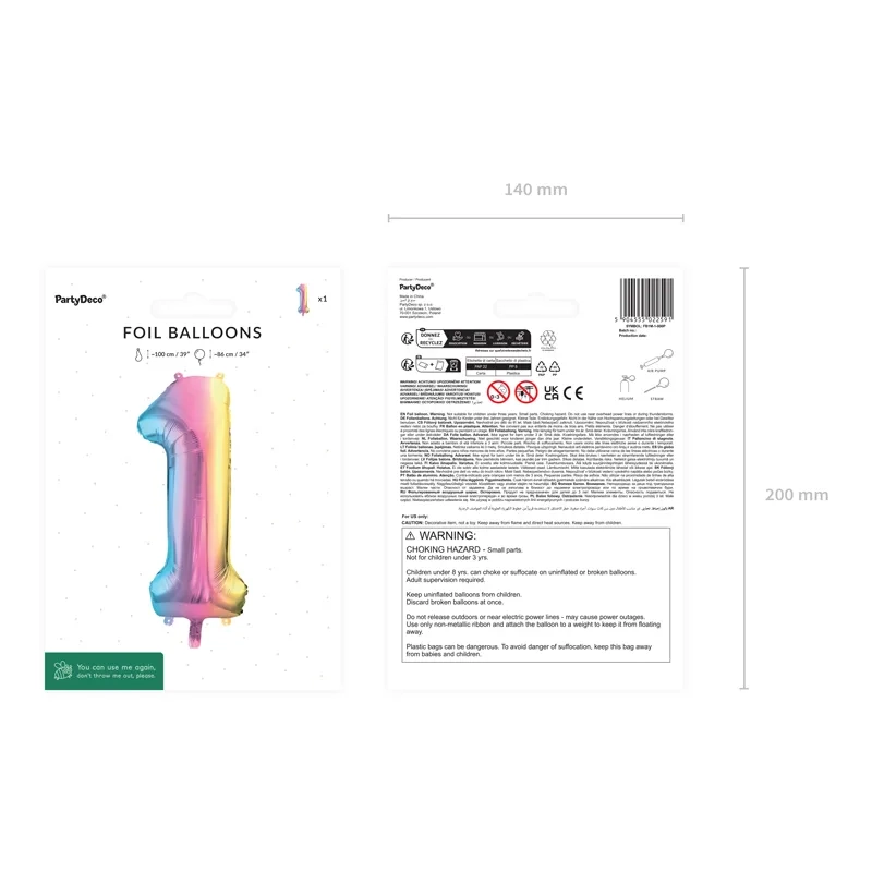 Szivárványos fólia lufi 1-es szám, 86 cm