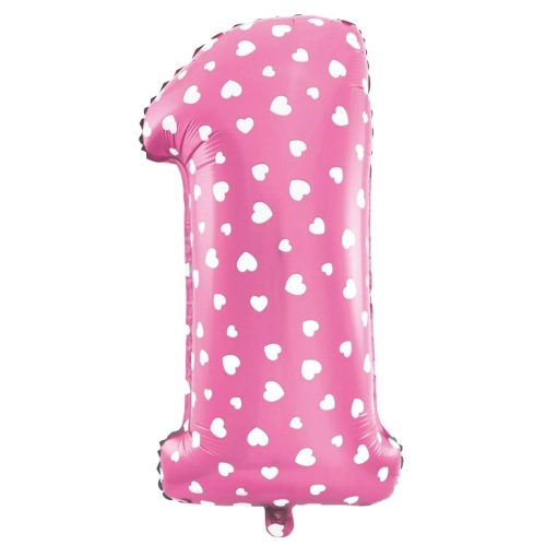 Folijski balon številka 1 s srčki roza 100 cm