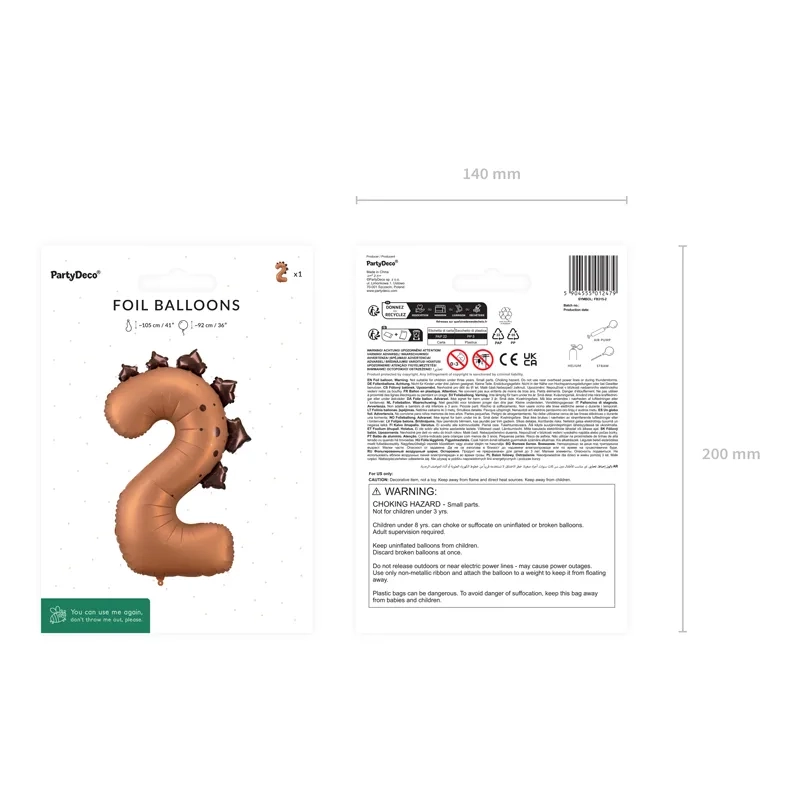 Balon din folie cifră 2, dinozaur maro, 92 cm