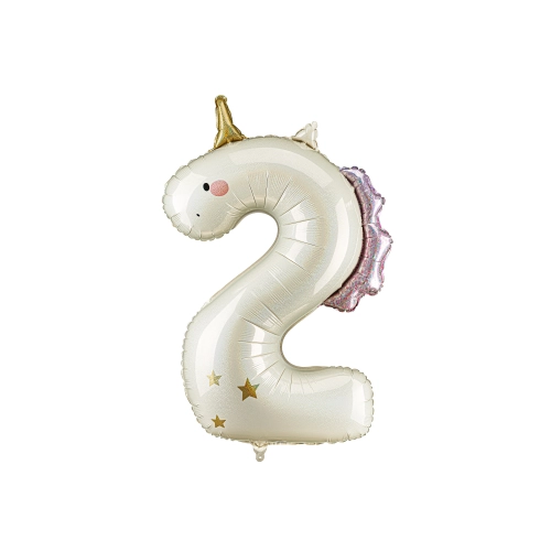 Balon folie cifră 2 Unicorn, crem holografic, 93 cm