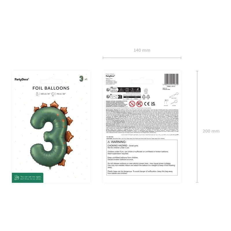 Balon folie cifră 3 dinozaur, verde, 92 cm