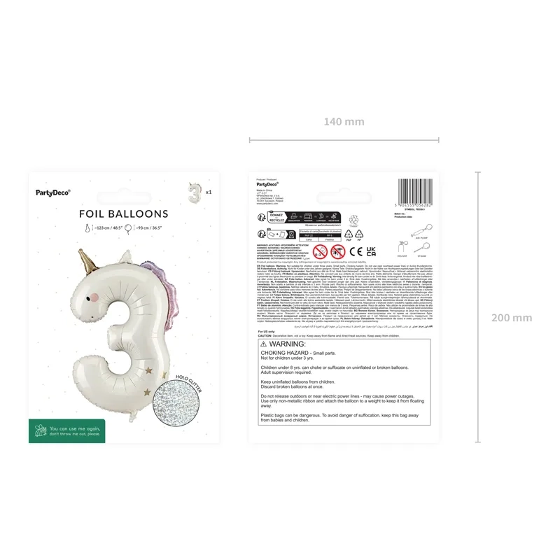 Fóliový balón číslo 3 Jednorožec 93 cm krémový s holografickým efektom