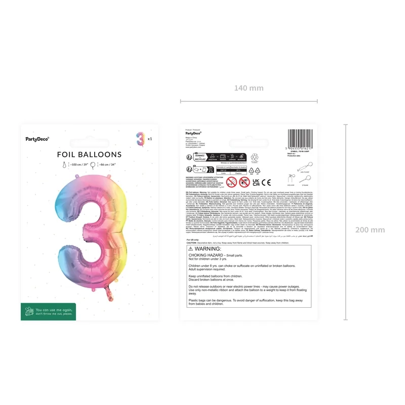 Szivárványos fólia lufi szám 3 – 86 cm, héliumos/air töltéshez