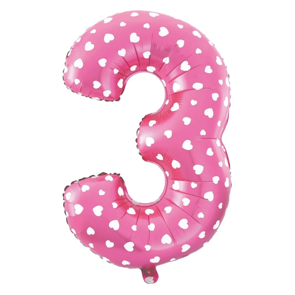 Folijski balon številka 3 s srčki, rožnat, 100 cm