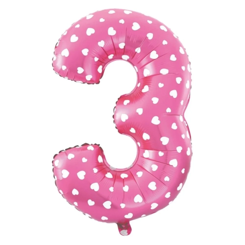 Folijski balon številka 3 s srčki, rožnat, 100 cm