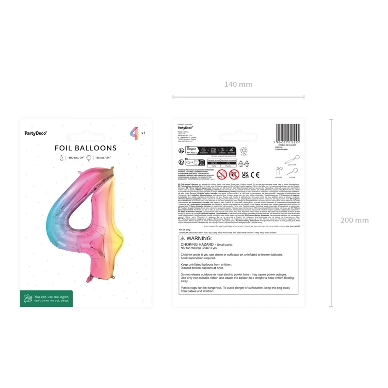 Folija balon številka 4 pastel mavrica 86 cm