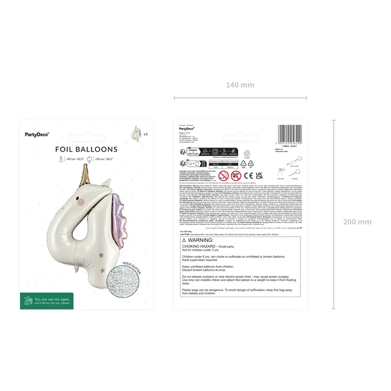 Fóliový balón číslo 4 jednorožec 93 cm krémový holografický