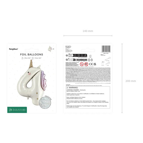 Fóliový balón číslo 4 jednorožec 93 cm krémový holografický